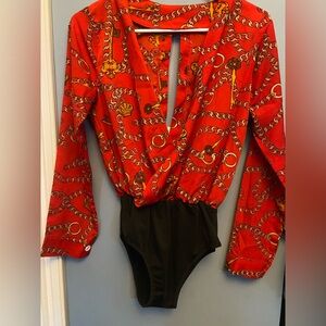 Red Chain-Print Women's Bodysuit Top